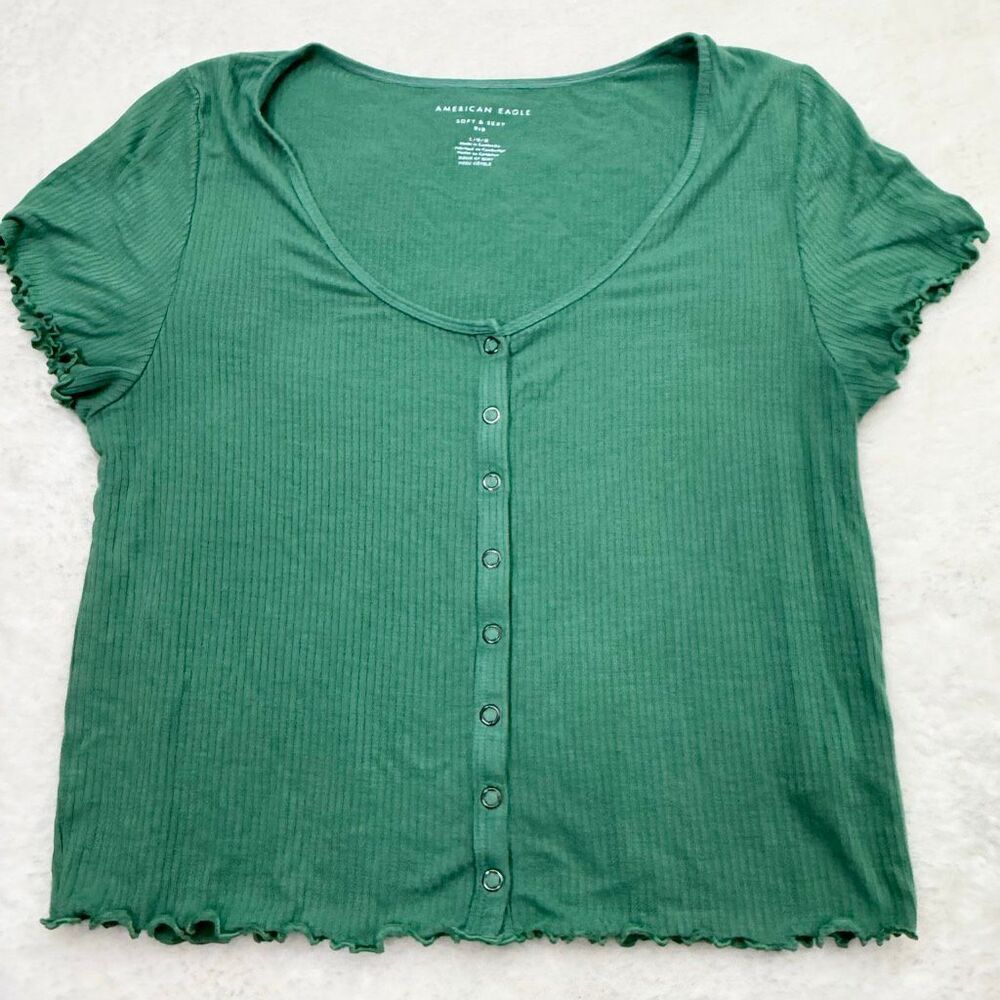 American Eagle Outfitters Soft & Sexy Ribbed Cropped Soft Green Short Sleeved Sh